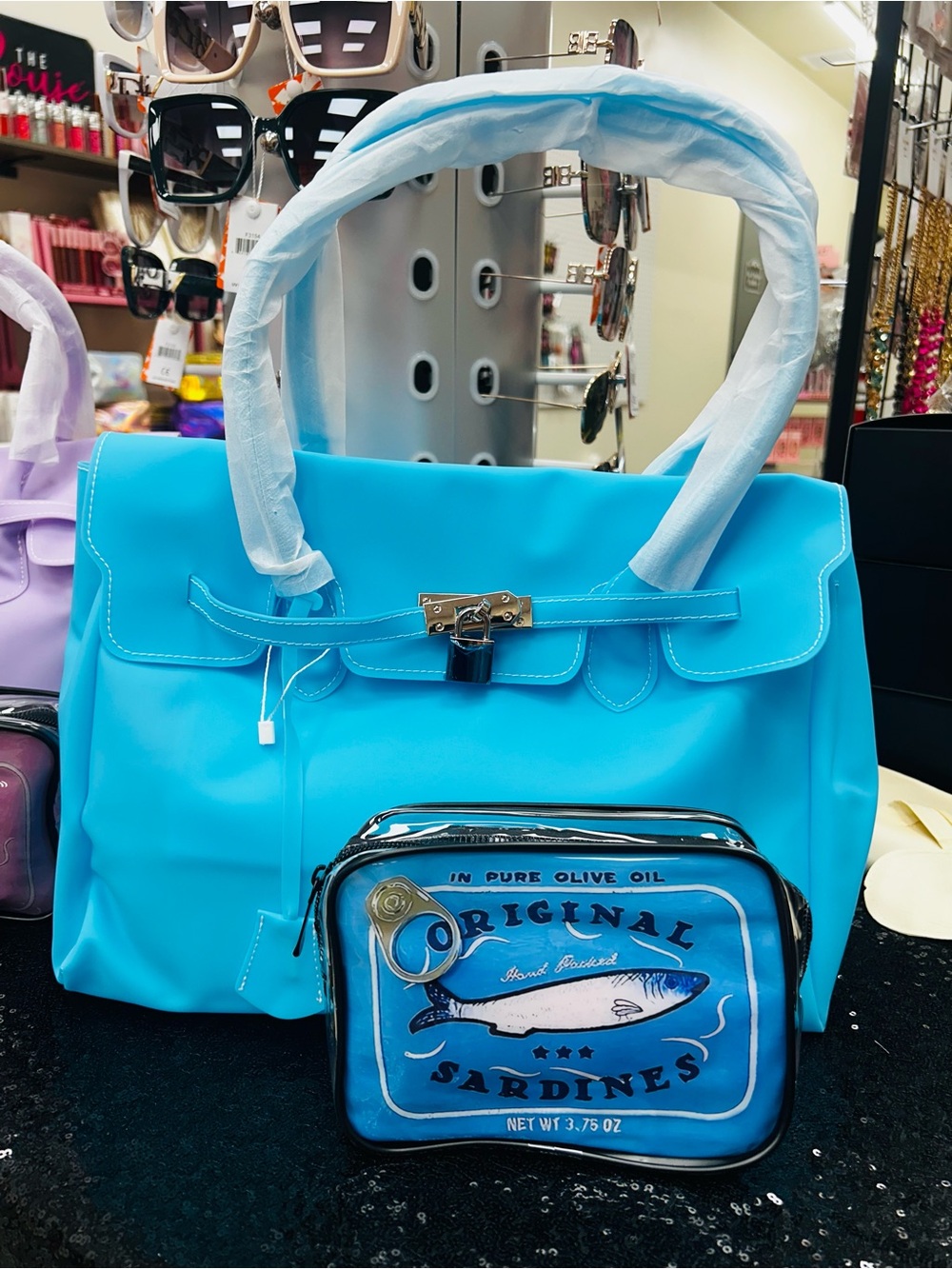 JELLY FIRKIN Turquoise Blue Women's Tote and Sardine cosmetic Pouch Set